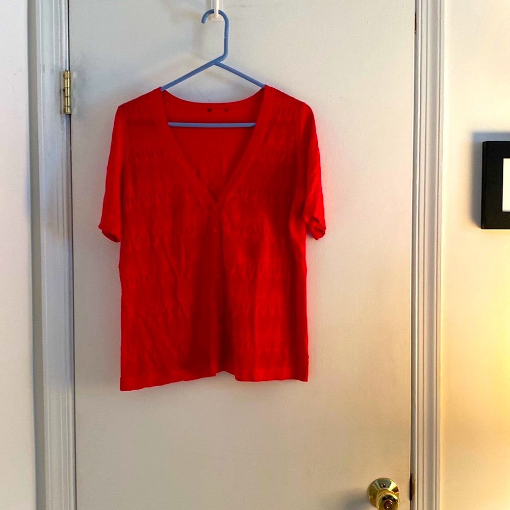 Talbots v-neck cotton and ramie short sleeve cardigan L. Tomato red color.